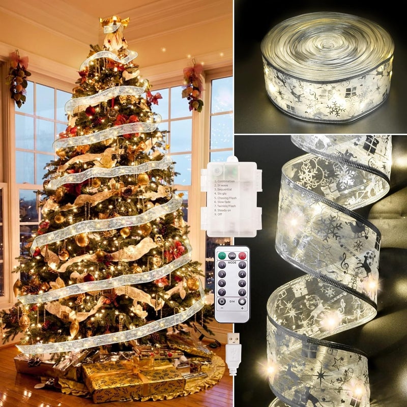 Vimorg Christmas Decorations, 2.5Inch x 33Ft 100 Led Christmas Tree Ribbon Lights with Remote Control, Battery Operated & USB Powered 8 Lighting Modes Fairy String Lights with Timer for Xmas Decor - Image 1